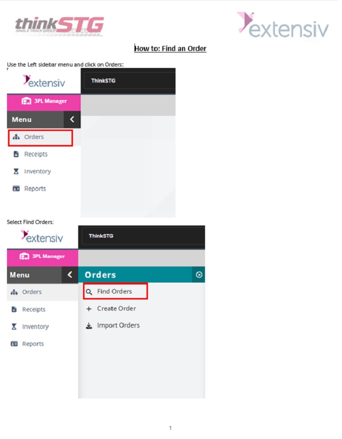 Page one of 4 for the step by step guide on how to find an order within Extensiv