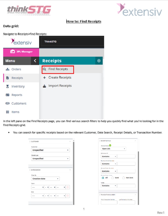 1 of 3 pg guide explaining search criteria and navigation for Find Receipts in Extensiv