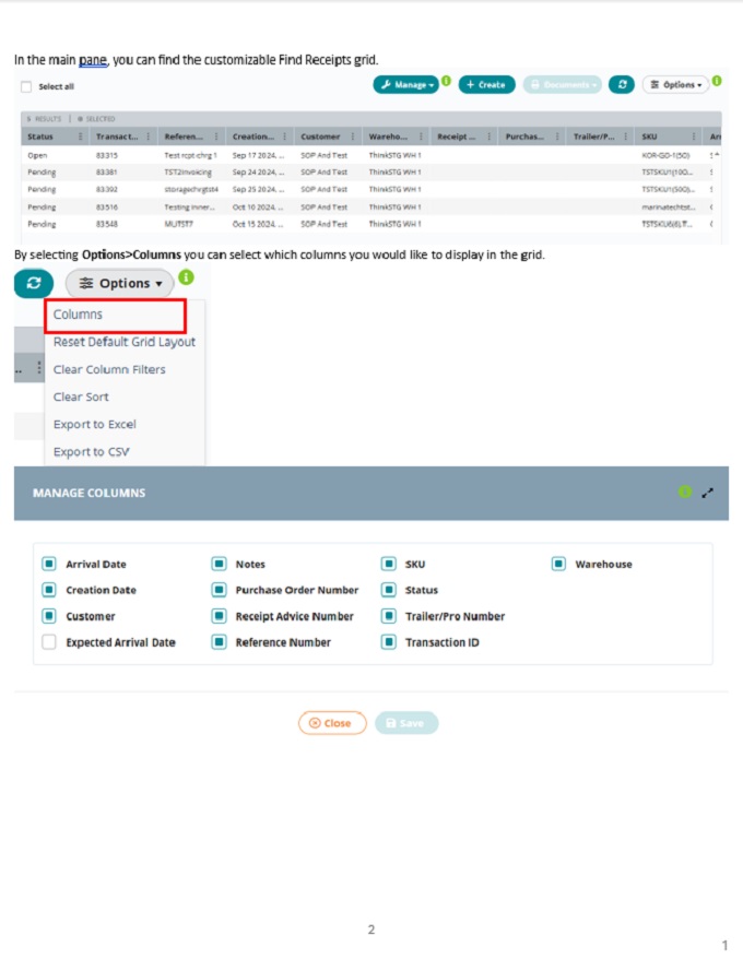 2 of 3 pg guide explaining search criteria and navigation for Find Receipts in Extensiv