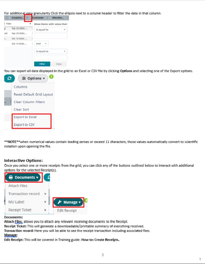 3 of 3 pg guide explaining search criteria and navigation for Find Receipts in Extensiv