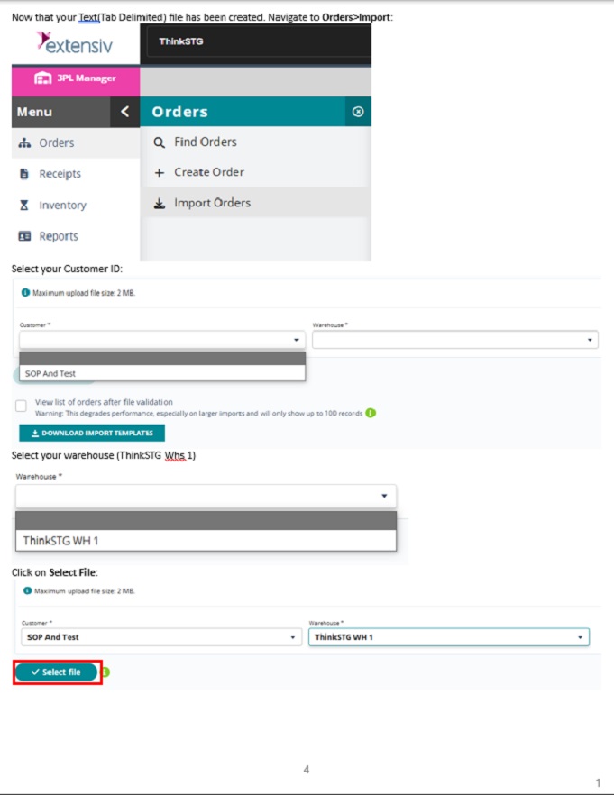 4 of 6 step by step guide for how to import a selection of orders into the Extensiv system