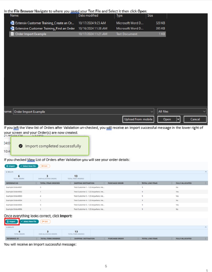 5 of 6 step by step guide for how to import a selection of orders into the Extensiv system