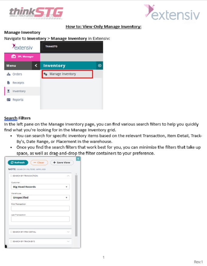 1 of 5 pg guide to navigating Manage Invenotry in Extensiv