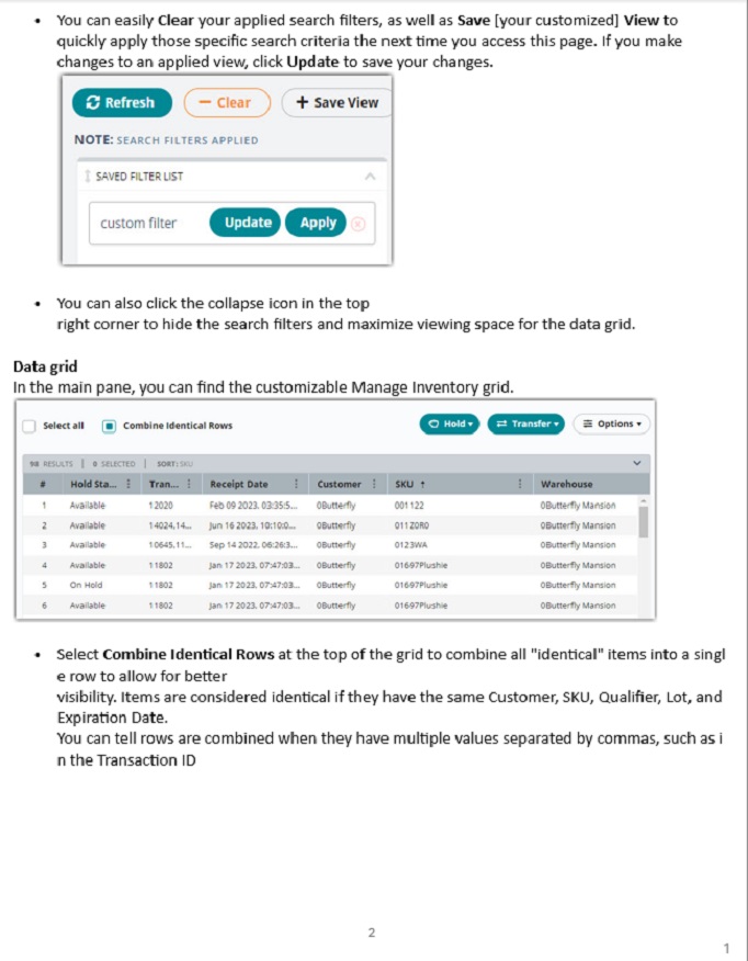 2 of 5 pg guide to navigating Manage Invenotry in Extensiv